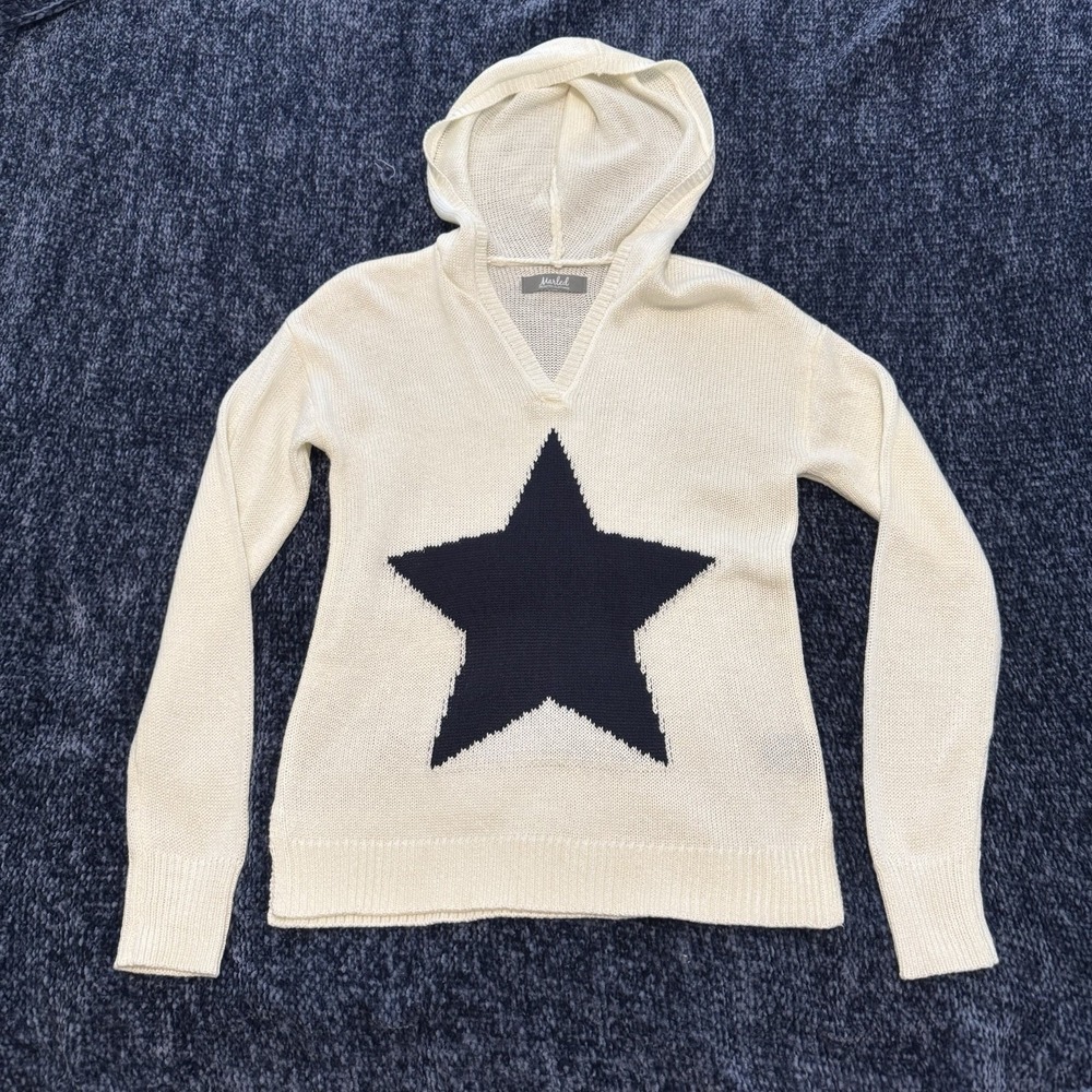 Marled Women's Cream Knit Hoodie W/ Navy Blue Star Small U.S.A Nautical July 4th